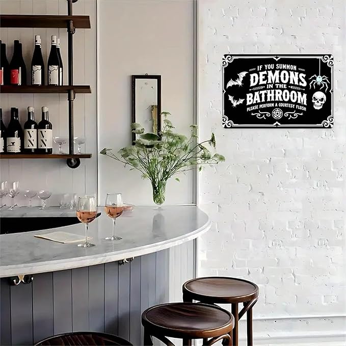 Demons Bathroom Rules Tin Sign Vintage Gothic Decor Metal Sign Print Aesthetic for Garden Yard Bar Porch Home Bedroom Kitchen Wall Decor Gift 8 X 12 in