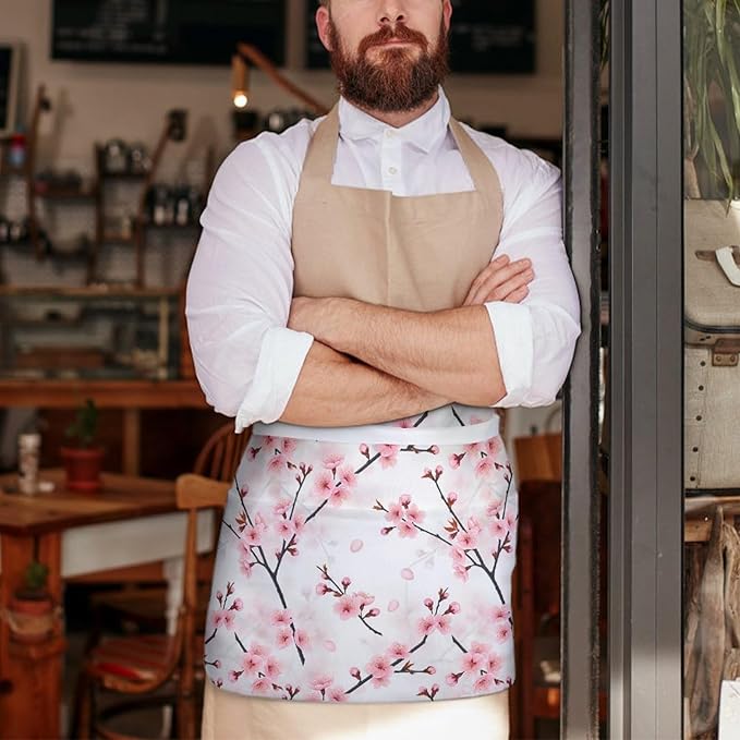 Unisex Apron for Cooking Server Waitress Half Waist Apron with 3 Pockets