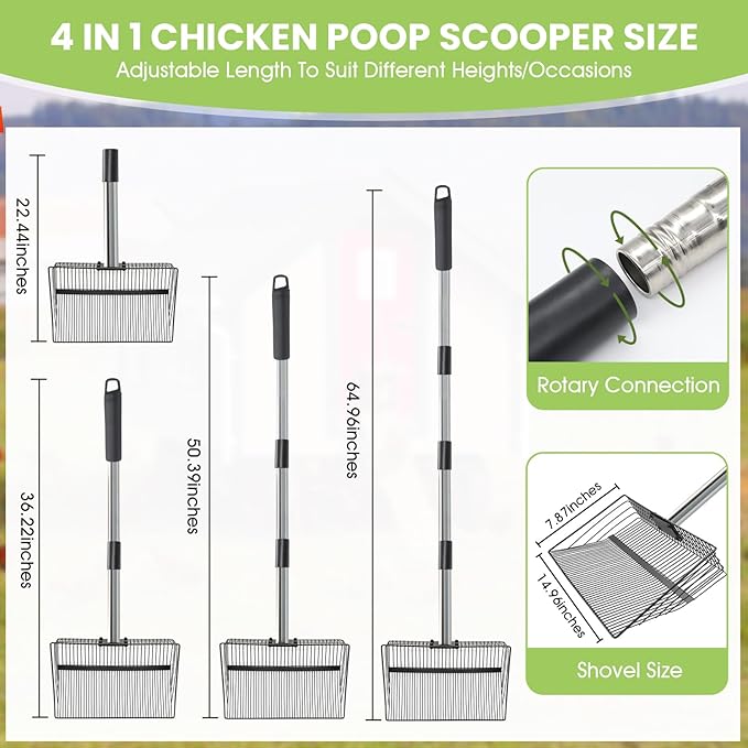 4-in-1 Chicken Poop Scooper & Rake, 15" Large Metal Sifting Shovel Poop Scooper for Sand, Adjustable Stainless Steel Handle 22"-65" for Coop Cleaning,Farms,Courtyards,Poultry Houses