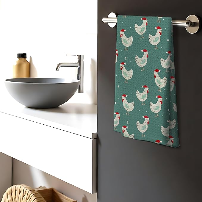 Funny Christmas Chicken Kitchen Towels,Chicken Gifts Farm Christmas Decorations Hand Towels for Bathroom,16x24 Inch