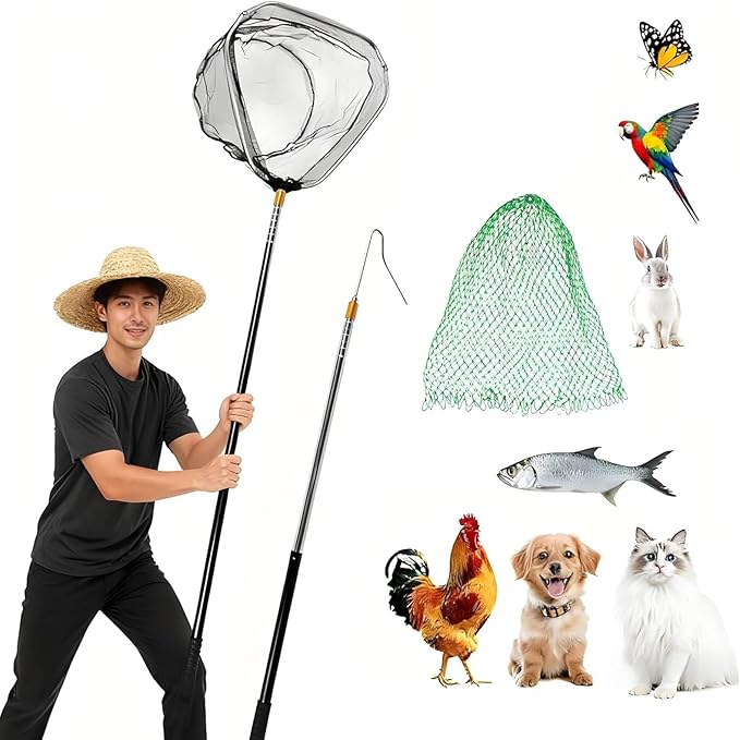 Adjustable Chicken Catching Net with Leg Hook – Stainless Steel Poultry Net, Fishnet,Suitable for Catching Outdoor Animals Such as Chickens, Ducks, Fishnet,Geese,Birds (2 Nets, 2 Pole Included)