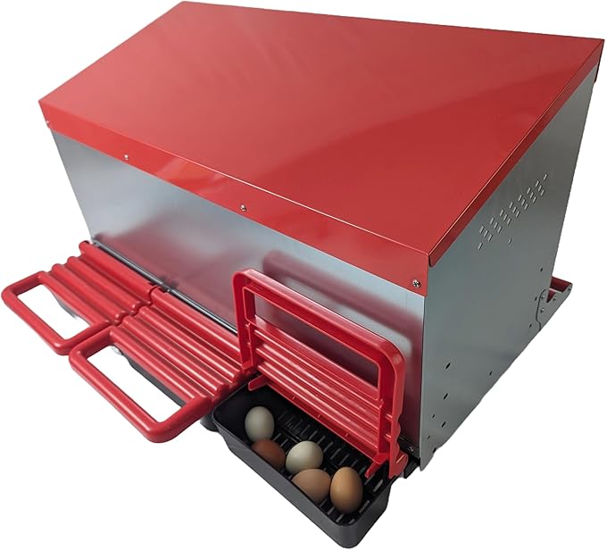 Hen's Choice™ - Reverse Roll Out Chicken Nest Box | Reversible Roll Away Nest Box | 3 Hole (Red)