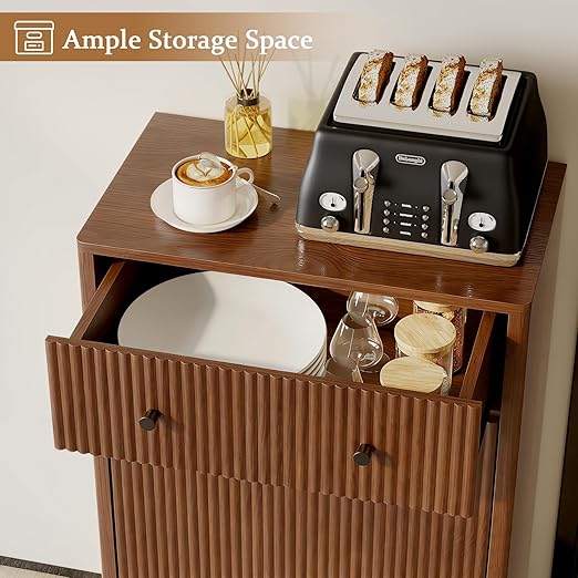 Single 10 Gallon Wood Grain Tilt-Down Trash Can Cabinet with Storage Drawer,Wood Grooved Recycling Cabinet with Wave Texture Hidden Pull-Out Trash Can for Kitchen,Bathroom (Trash Can Cabinet-Walnut)