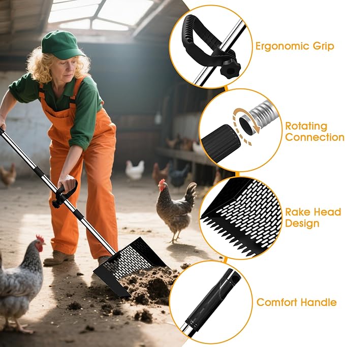 2-in-1 Chicken Poop Scooper & Rake, 12" Wide 63" Long Large Metal Chicken Coop Scooper for Sand with Ergonomic Grip, Heavy Duty Sifting Shovel Rake for Beach, Farm, Garden & Yard Waste (Black)