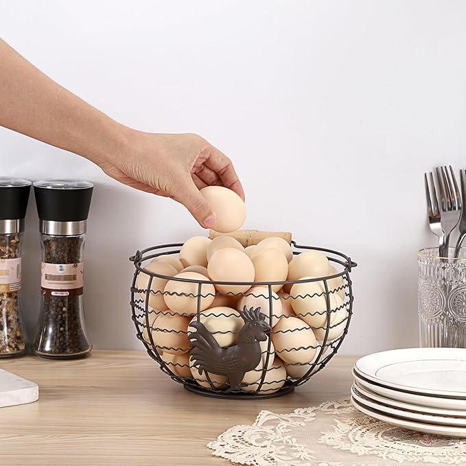 Farmhouse Egg 8'' Basket for Gathering Fresh Eggs, Rustic Metal Wire Chicken Eggs Holder Basket for Countertop Kitchen, Wire Egg Basket Vintage Style, Round, Rooster Pattern, Solid Bottom