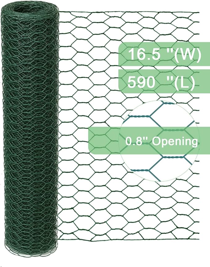 Garden Poultry Green Chicken Wire - 16.5 '' × 590 '' Chicken Wire Floral for Crafts, Garden Fence Animal Barrier, 1 inch Mesh Poultry Netting Fence, Pet/Rabbit/Chicken Wire Fencing