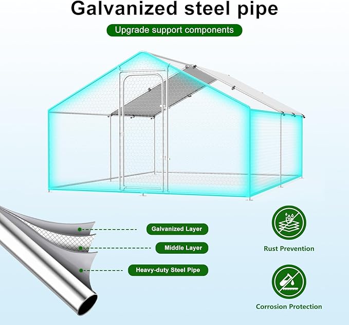 Large Metal Chicken Coop with Weatherproof Cover and Multi-Purpose Chicken Run for Chickens, Ducks, Rabbits, Farm and Yard Animal Pen (10’ W x 13.2’ L x 6.4’ H, Spire Roof)