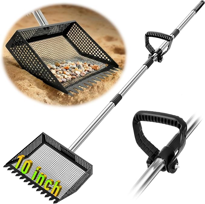 TOOGE Upgraded Chicken Poop Scooper: 10" Metal Pooper Scooper & Rake 4-Section 62" Long Handle Chicken Coop Scoop Scoopers Accessories Large Sand Sifting Litter Shovel for Goats/Yard/Farm/Beach Black