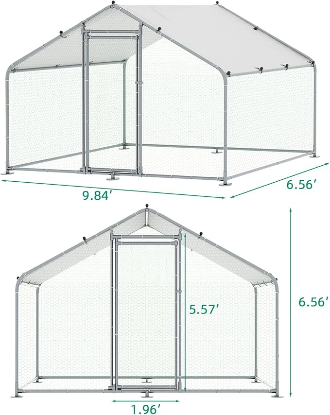 VIVIJASON Large Metal Chicken Coop Outdoor Walk-in Poultry Cage Hen Run House Rabbits Habitat Cages Spire Shaped Coop with Waterproof and Anti-UV Cover for Yard Farm (6.56' L x 9.84' W x 6.56' H)
