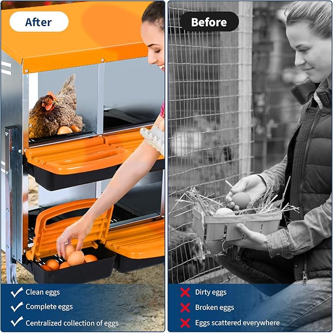 10 Compartments Chicken Nesting Boxes with Roll Out Egg Collection and Large Vented Holes,Metal Nesting Boxes for Chickens, Hens, Ducks,Wall Mount/Freestanding Poultry,Orange