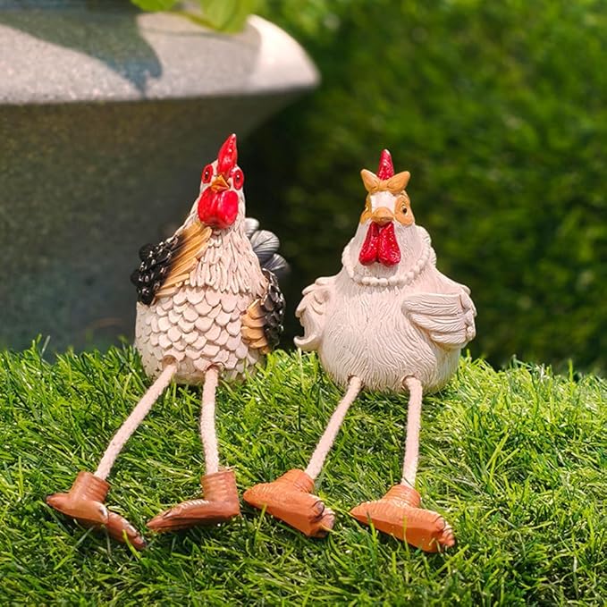Funny Shelf Sitting Chicken Figurines – Farmhouse Rooster & Hen Statues with Dangling Legs – Rustic Tabletop Home Decor, Kitchen, Garden Ornaments (Set of 2)