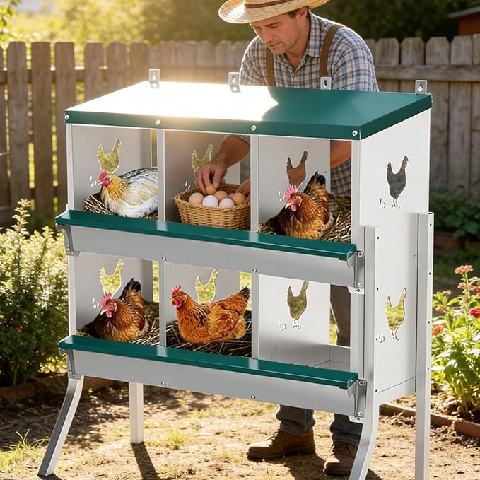 Garvee Large Metal Chicken Nesting Boxes for Hens, 6 Compartment Galvanized Steel Nesting Box with Legs, Includes 4 Fake Eggs & 10 Soft Nest Pads, Wall Mount or Freestanding for Coop & Farm