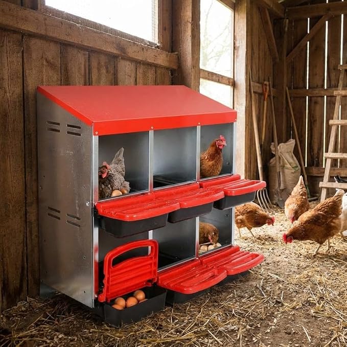 Chicken Nesting Boxes with Cleanable Pull-Out Trays - 6 Hole Metal Rollaway Nest Box for Laying Hens, Wall Mount or Placed Design for Easy Egg Collection & Cleaning