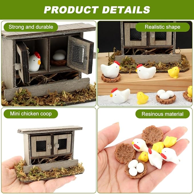 Miniature Chicken Coop Set - 13-Piece Farm Decor Kit with Hens, Chicks, Eggs & Nests for Fairy Gardens, DIY Mini Landscapes & Party Decor
