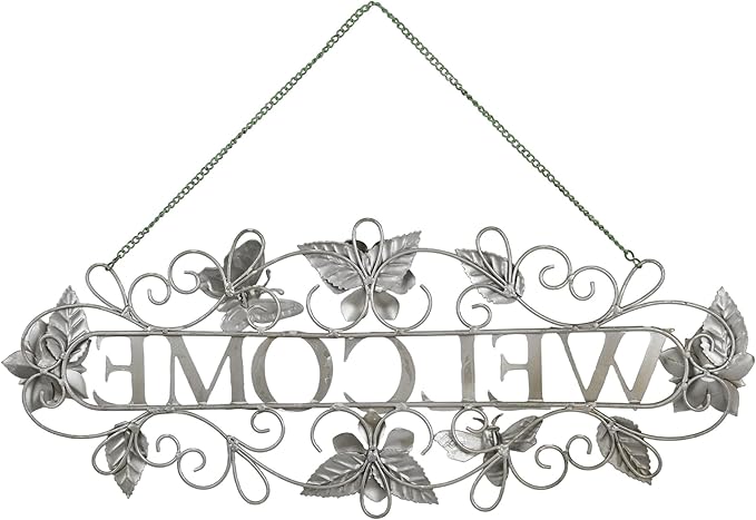 Queltharion 23.6'' L Vintage Metal Welcome Sign Hanging Decor Rustic Distressed Butterfly Bee Flora Welcome Wall Art Decoration for Outdoor Front Door Garden Farmhouse Porch Patio Yard Plaque Pink