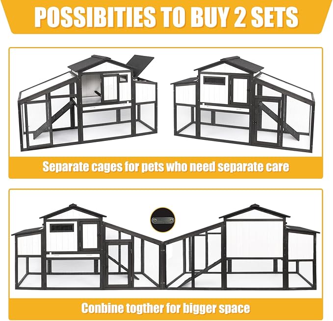 Wooden Chicken Coop Indoor Outdoor, 132" Backyard Hen House for 2-3 Chickens, 2 Story Poultry Cage Chicken Coop, Nesting Box, Pull Out Trays, Set of Two, (Black)