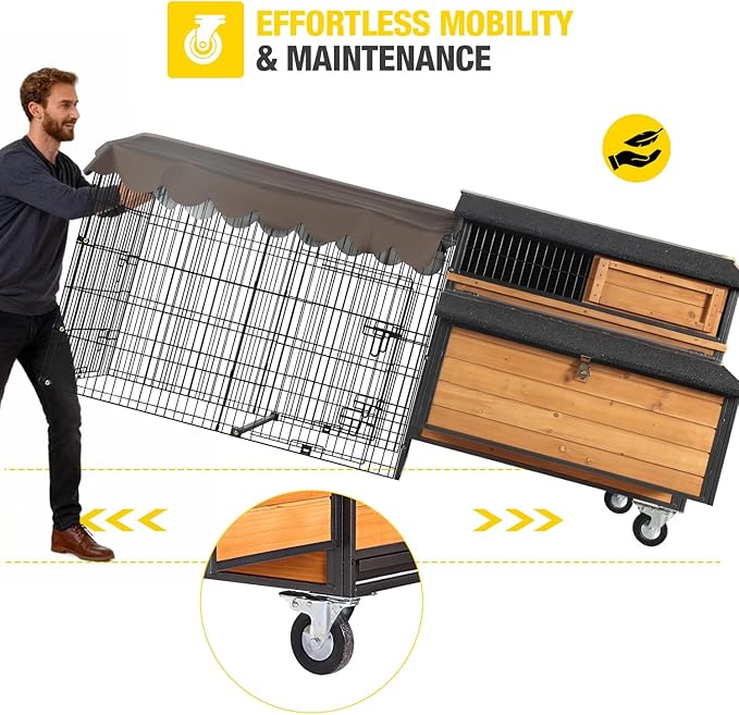 Large Mobile Chicken Coop with Run, Wheels & Leakproof Pull-Out Tray – Weatherproof Hen House with Nesting Box for Chickens, Ducks, Rabbits