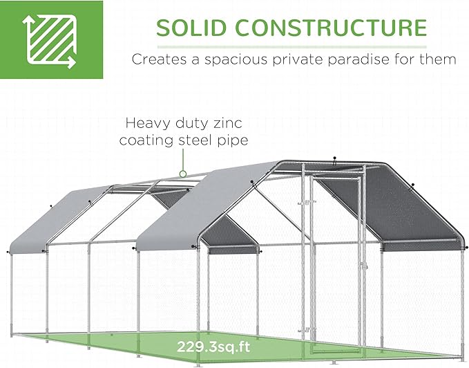 PawHut Large Chicken Coop Metal Chicken Run with Waterproof and Anti-UV Cover, Flat Shaped Walk-in Fence Cage Hen House for Outdoor and Yard Farm Use, 1.3" Tube Diameter, 9' x 24' x 6.5'