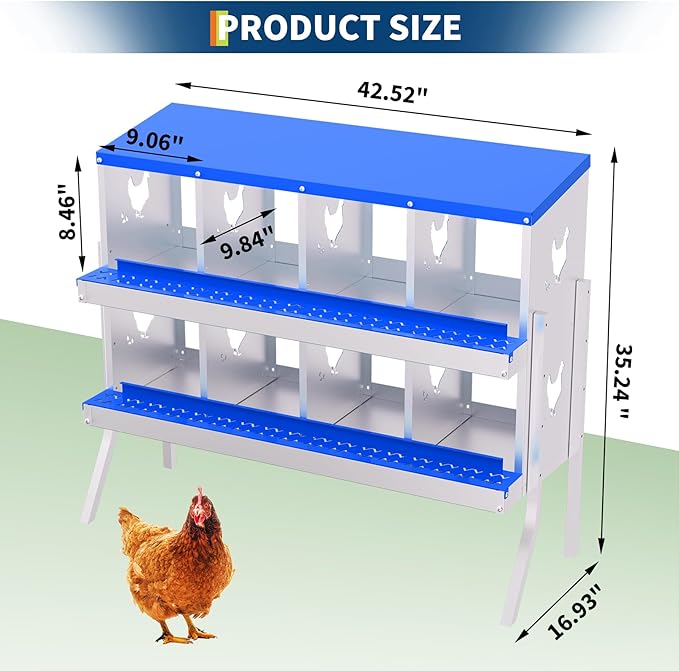8-Compartment Chicken Nesting Box with Removable Tray - Metal Laying Boxes for Hens - Egg Rollaway Design, Wall Mount Farm Fresh Egg Collector, Hen Roosting Boxes for Chicken Coops