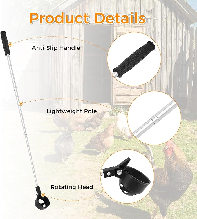 Egg Grabber for Chicken Eggs – Extendable Egg Picker Tool with Anti-Slip Handle, 15–78" Long Grabber Reacher Tool for Picking Eggs from Coop, Poultry Nest, and Farm Use