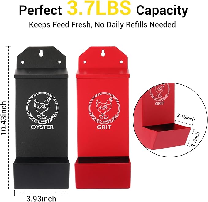 2-Pack Metal Chicken Grit Feeder & Oyster Shell Feeder with Lid - Hanging Gravity Poultry Feeder for Chickens, Ducks, Quail - Rain Proof Chicken Coop Accessories - Wall Mount Chicken Feeders No Waste