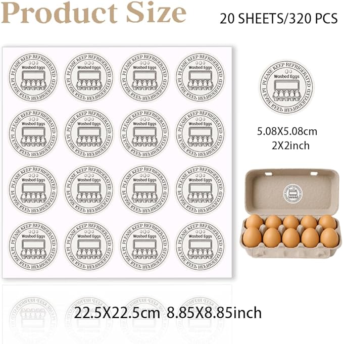 320 Pcs Farm Fresh Eggs Carton Labels, 2 Inch Round Washed Eggs Labels Self-Adhesive Egg Packaging Stickers for Chicken Egg Box Container Farm Supplies