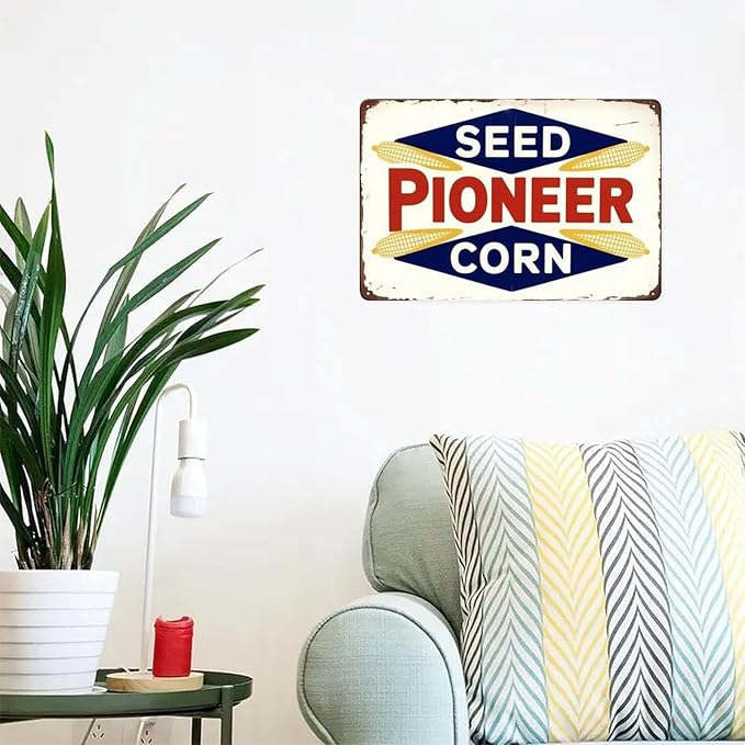 Seed Pioneer Corn Sign Tin Sign Vintage Farmhouse Metal Sign Print Aesthetic for Garden Yard Bar Porch Home Bedroom Kitchen Wall Decor Gift 8 X 12 in