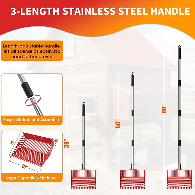 Heavy Duty Chicken Poop Scooper & Rake 2 in 1,Adjustable Angle Handle Chicken Coop Metal Litter Scoop & Sand Sifting Shovel,Pooper Scooper for Dog,Cat,Poultry,Farm Animals,36"-66"