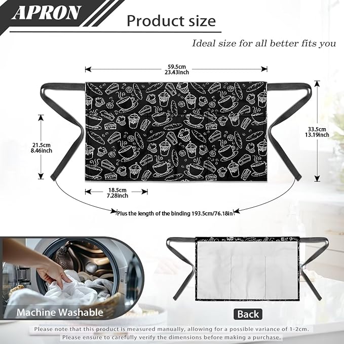 Waist Apron with 3 Pockets Waterproof 13 Inch Short Half Waist Aprons Women Men Server Aprons Waitress Waiter Apron