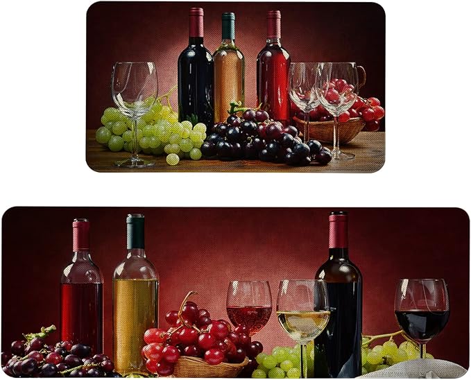 Roszwtit Farmhouse Wine Kitchen Rugs and Mats Set of 2, Red Wine Kitchen Mat, Seasonal Holiday Cooking Sets Washable Non-Slip Floor Mats for Home Kitchen Decor - 17x29 and 17x47 Inch