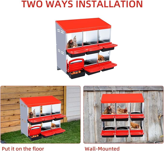 6 Compartment Metal Chicken Nesting Box – Roll Away Egg Laying Box with Lid Cover, Easy Egg Collection, Wall Mount Hen Roosting Box – Red (Without Bracket Legs, 6 Compartment Egg Laying Box)