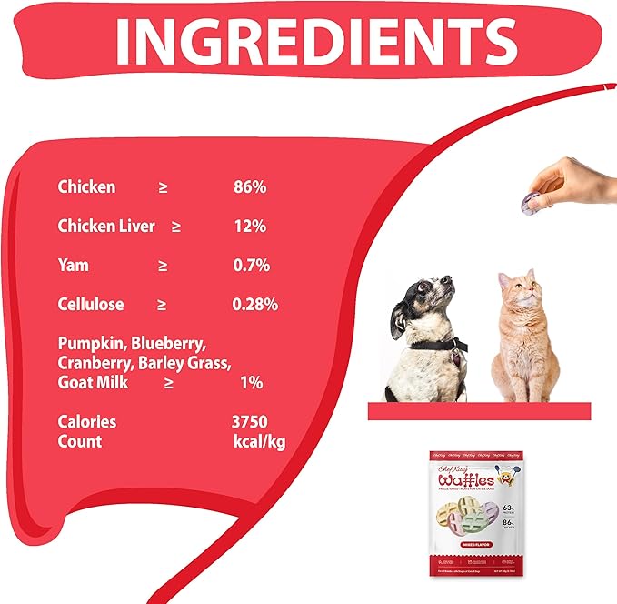 Waffle Freeze Dried Chicken Cat Treats | Healthy Kitten Treats Inspected in USA | Human Grade Dog & Cat Food Toppers | Without Additives, 4 Flavors, 2.1 oz