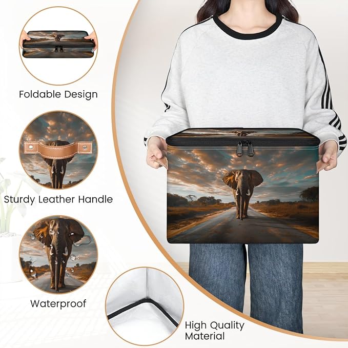 Elephants Storage Bins With Lids Fabric Collapsible Storage Box with Leather Handles for Home Bedroom Foldable Closet Shelf Organizer