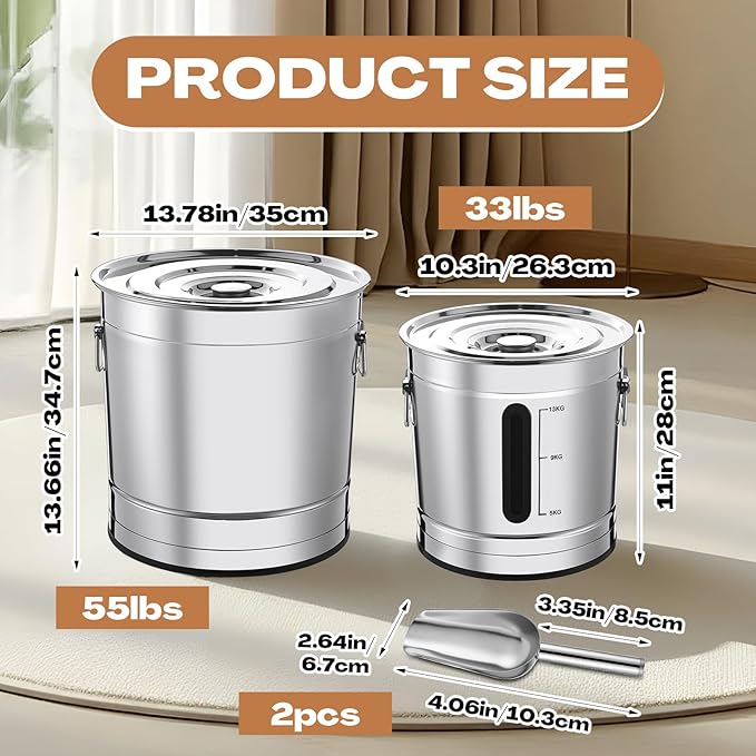 Maxdot 2 Pack 304 Stainless Steel Pet Food Storage Containers, 33lb/15kg & 55lb/25kg Extra Large Metal Dog Food Bins with Lids and Handle for Dogs Cats and Bird Feed, Odor-free, Easy to Clean
