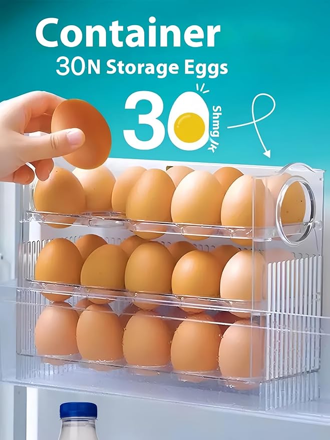 Auto-Flip egg storage for refrigerator，side fridge storage rack egg tray for refrigerator，Eggs Holder Countertop with Timers, Space-Saving Eggs Dispenser for Refrigerator, 30 Eggs Container for