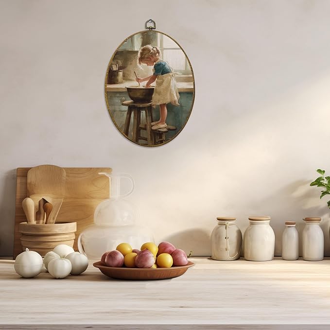 CUANFDDSF Vintage Rustic Kitchen Oval Wall Art Decor, Rustic Farmhouse Wall Hanging Decor, Cozy Cottagecore French Kitchen Little Girl Cooking Framed Canvas Prints for Dining Room Home, 8.6x11.4 Inch