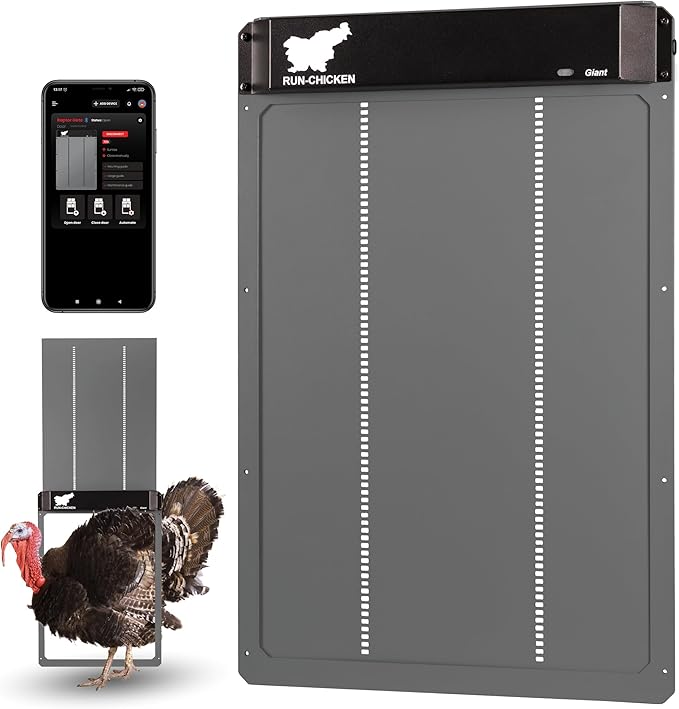RUN-CHICKEN Door Giant – Large Automatic Poultry Coop Door for Ducks & Turkeys, Not for Chickens, Battery Powered/Solar Compatible, Heavy-Duty Aluminum, Predator Proof, Easy Install (Gray)