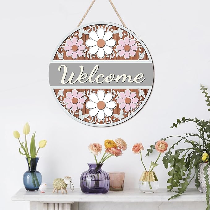 CHDITB 3D Flower Welcome Front Door Sign (12''x12''), Farmhouse Daisy Wooden Cutout Door Decor, Rustic Carved Welcome Spring Wall Hanging for Porch Garden Fence Flower Shop Decoration