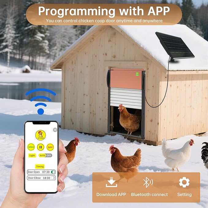 Automatic Chicken Coop Door Solar & Battery Powered with APP Control, Programmable Timer & Light Sensor, 5 Modes Aluminum Chicken Door with Remote Control, Anti-Pinch Protection, Weather Proof
