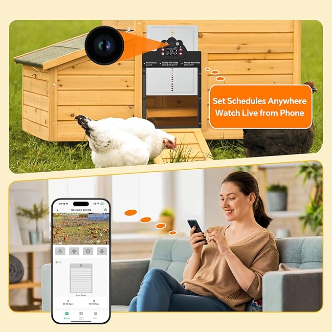 Automatic Chicken Coop Door Solar Powered with 2K Camera & Night Vision, IP65 Wireless Auto Door Opener, 6-Month Battery, APP Control, 2-Way Audio, Anti-Pinch Design (Black)