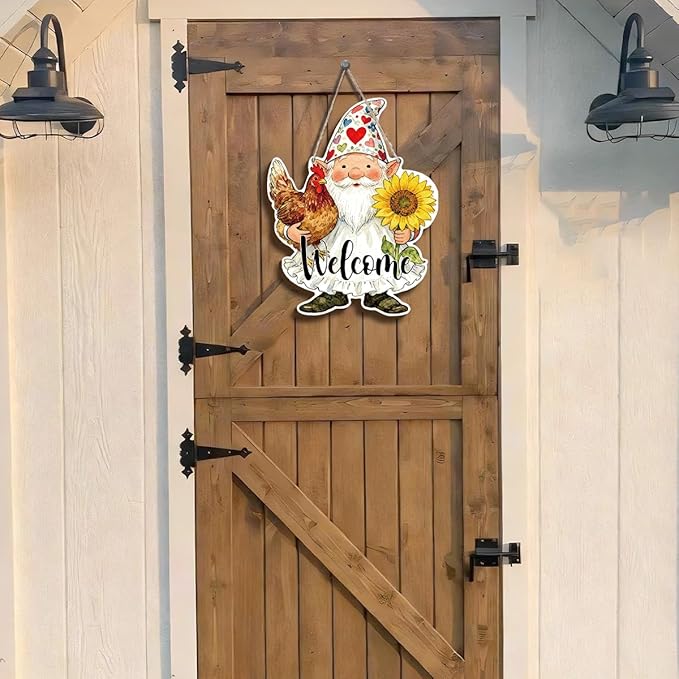 Farmhouse Wall Decor, Gnome Welcome Sign with Chicken and Sunflower, Rustic Wood Hanging Plaque, Watercolor Farmhouse Painting Style Wall Art for Porch Garden Kitchen or Entryway, 11.8x9.2 Inches