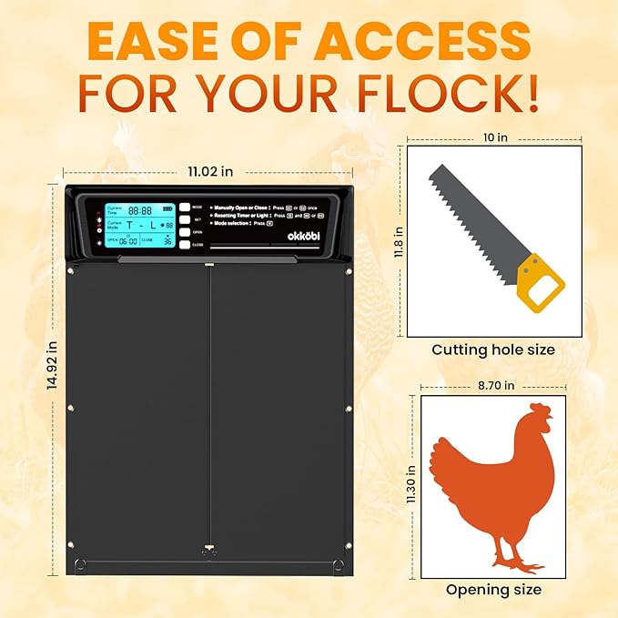 Extra Large Automatic Chicken Coop Door Solar Powered with Remote - LCD Display, Light Sensor, Timer & Anti-Pinch Function – 11.3" x 8.7" Door Opening – 5-Year Protection – Black – by Okköbi
