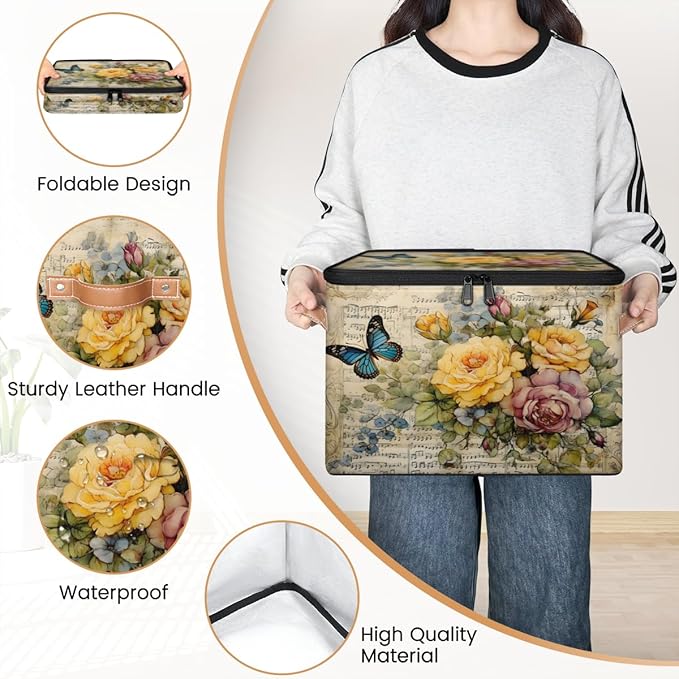 Retro Flowers Storage Bins with Lids, Watercolor Butterfly Fabric Storage Boxes with Zipper, Collapsible Decorative Closet Organizer Cube for Clothes, Organizing, Shelves