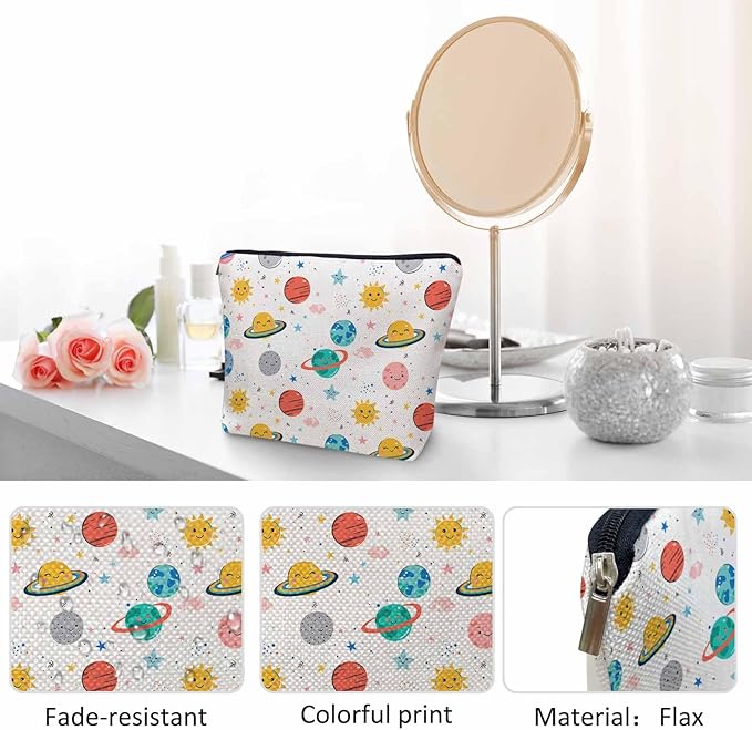Women Makeup Organizer Bag Galaxy Space,Planets Solar System Cosmos Stars Flax Cosmetic Bag Makeup Bags Toiletry Bag Accessories Organizer Travel Bags For Home Bathroom Office Hotel Gym