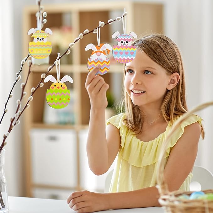Qunclay 40 Pcs Easter Ornament Decor Easter Bunny Egg Hanging Sign for Tree Rabbit Wooden Slices Spring Wooden Cutouts with Rope for Party Home Farmhouse Indoor Outdoor(Funny Style)