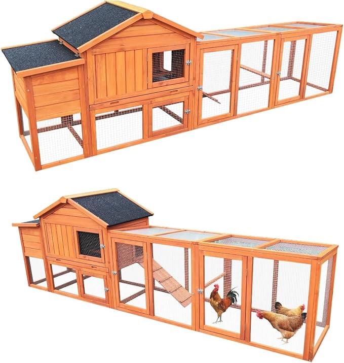 ZMAD Large Chicken Coop with Run, Wooden Hen House for 2-5 Chickens, Outdoor Chicken Run Poultry Cage Rabbit Cage Duck House with Nesting Box (Red)