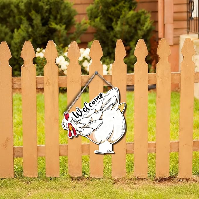 Farmhouse Wall Decor, Funny Chicken Welcome Sign, Cartoon Painting Style Farm Animal Wood Hanging Plaque, Rustic Country Wall Art for Kitchen Porch Patio or Coop Door, 9.8x10.1 Inches