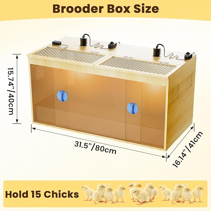 Brooder Box for Chicks, 32 Inch Large Wooden Chicken Brooder Box with 75W Heat Lamps, Thermometer, Chicken Feeder & Waterer Set, Tin Foil, Ideal for 12-15 Newborn Chicks Ducks Quails, Large