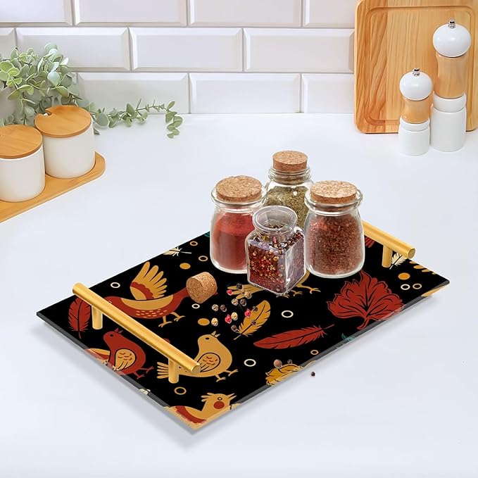 Bathroom Vanity Tray Counter Organizer, Autumn Birds and Leaves Pattern Decorative Tray with Handles Countertop Storage for Bathroom Bedroom Kitchen Home Farmhouse