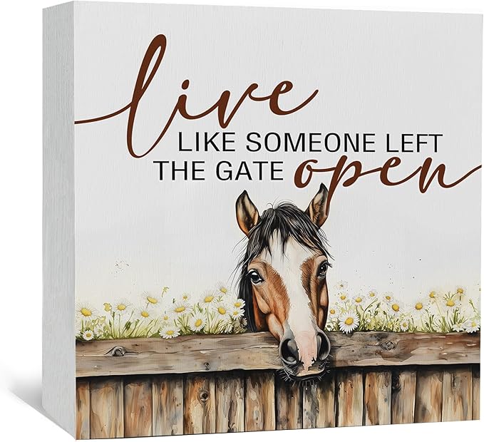 Horse Signs - Farm Cottagecore Animal Office Kitchen Bedroom Decor,Rustic Farmhouse Live like Someone Left the Gate Open Home Decor Wooden Signs,Horse Gifts for Women,8x8